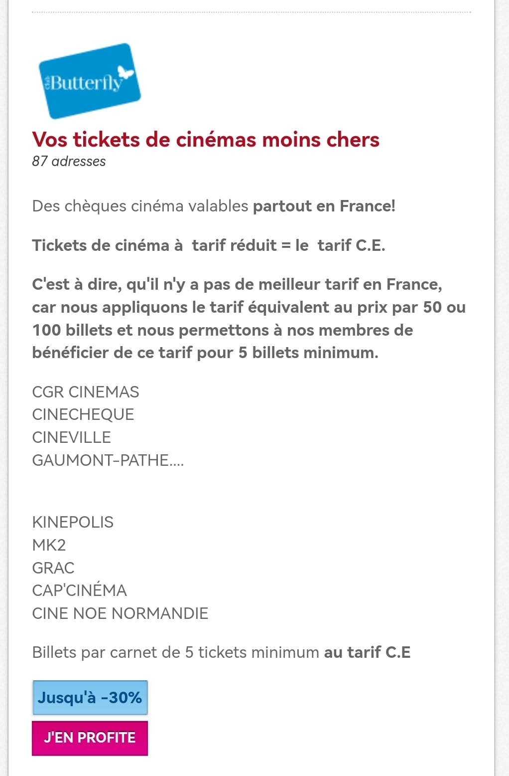 TOUT LES CINEMAS A TARIF BUTTERFLY